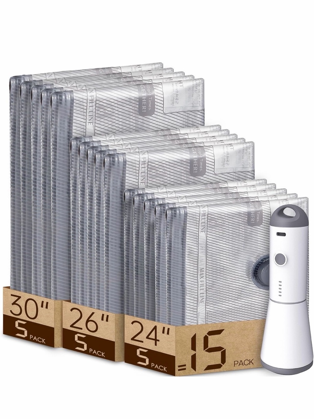 Vacbird 15 Pack Vacuum Bags for Travel with Rechargeable Cordless Electric Pump,